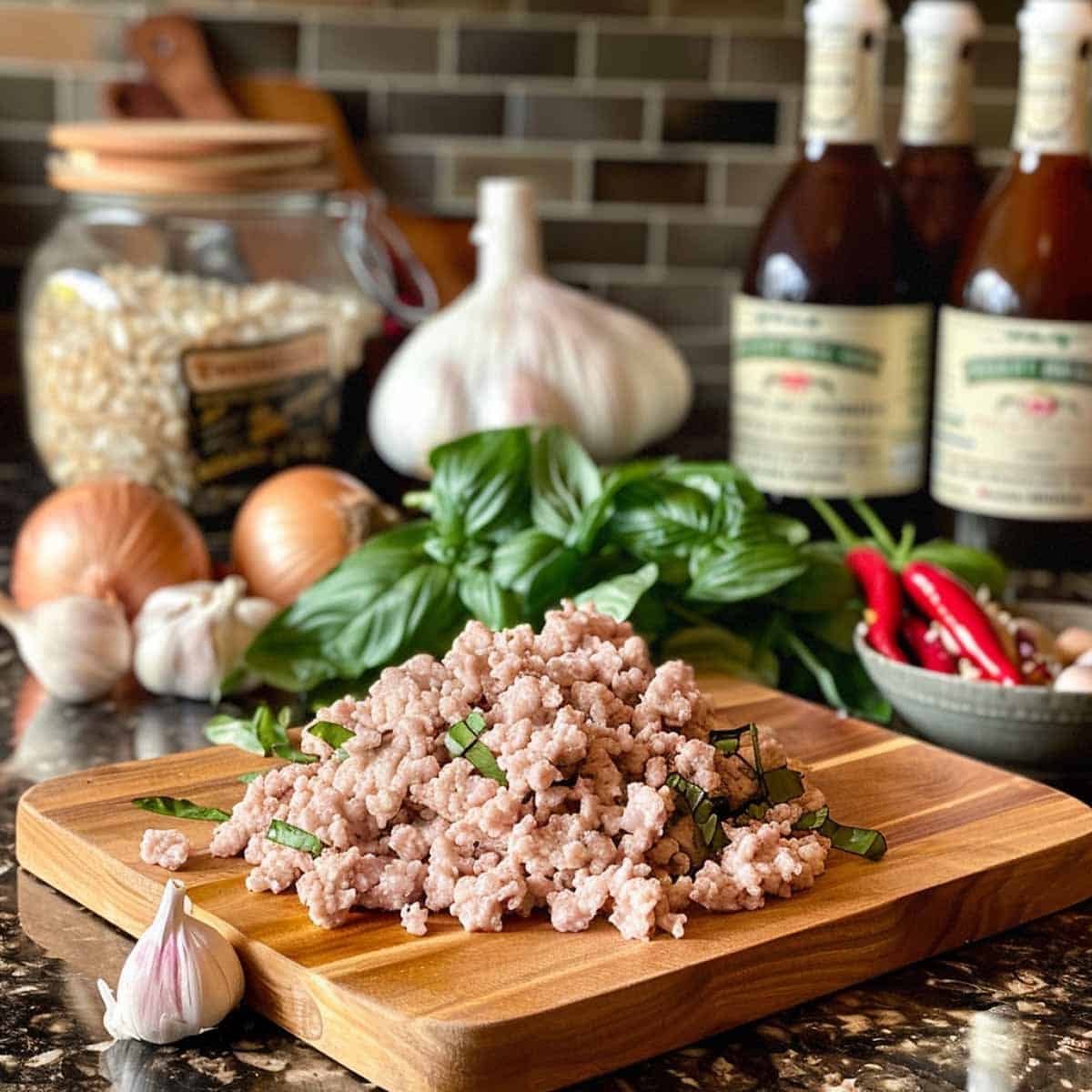 Ground pork on a cutting board surrounded by key ingredients for Thai Basil Pork recipe (Pad Kra Pao Moo).