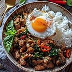 Plate of Thai Basil Pork (Pad Kra Pao Moo) garnished with basil leaves, served with a fried egg.