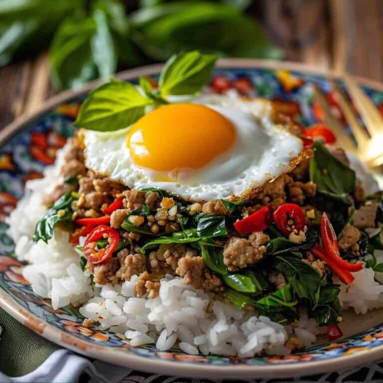 Plate of Thai Basil Pork (Pad Kra Pao Moo) served with a fried egg.