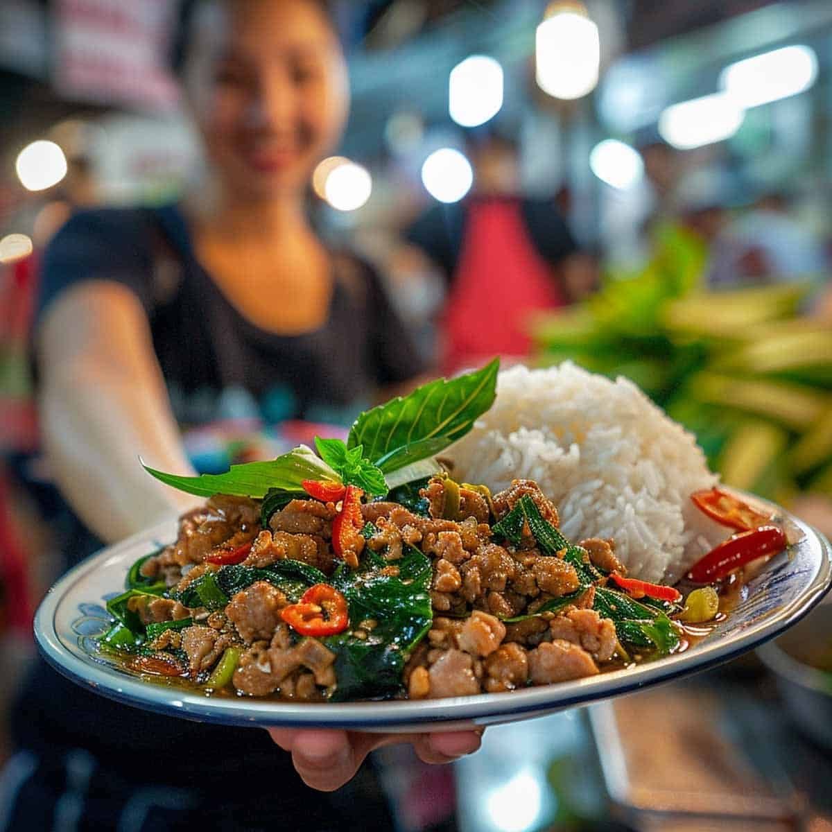 Plate of Thai Basil Pork (Pad Kra Pao Moo) garnished with basil leaves, served with a side of rice.