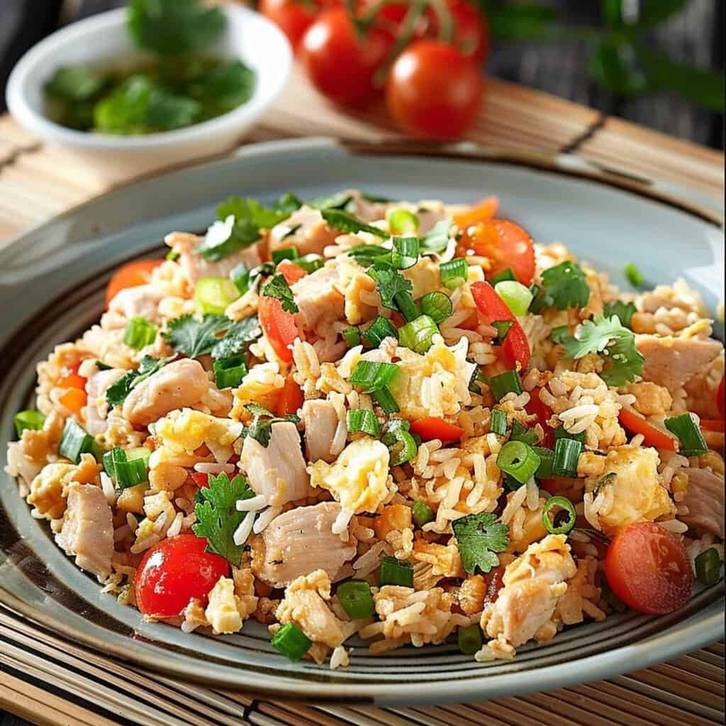 Bowl of Chicken Fried Rice (Khao Pad Gai) on a bamboo mat.
