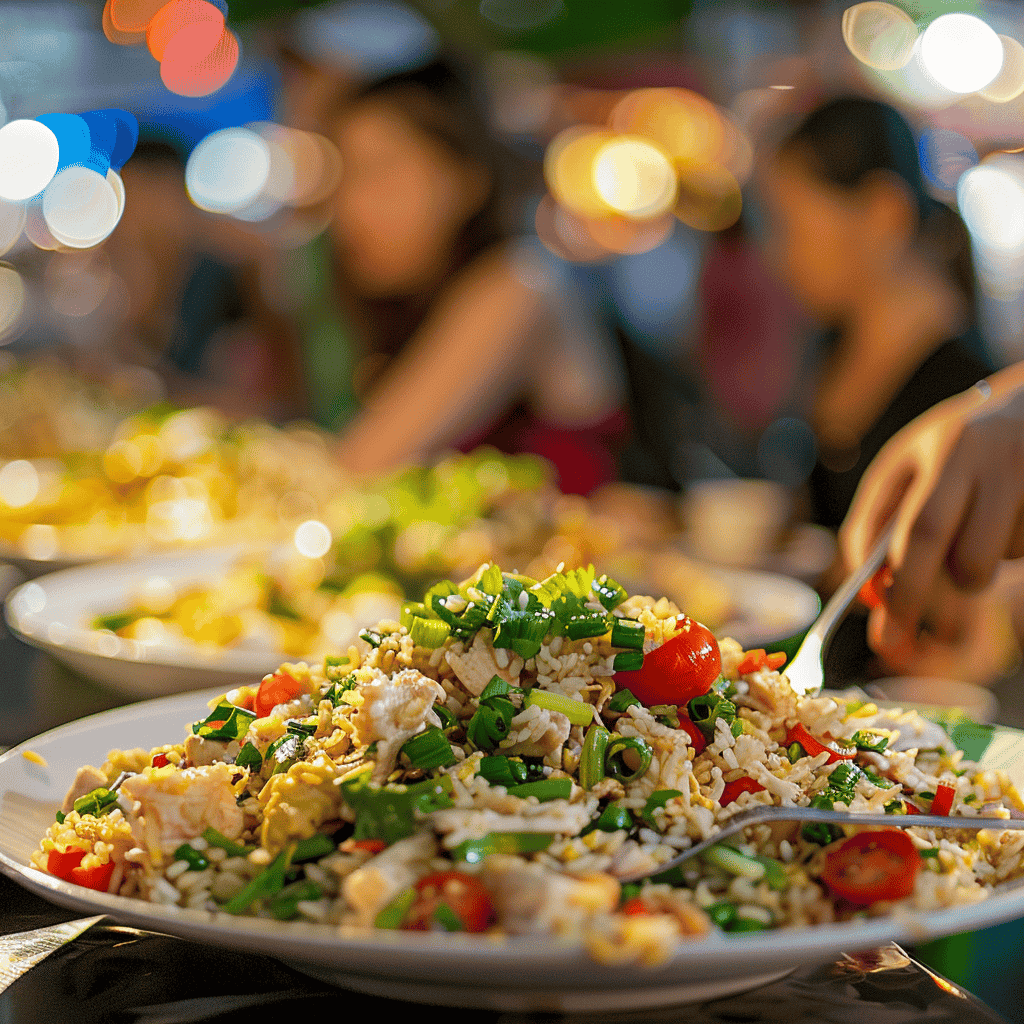 A bowl of Thai Chicken Fried Rice (Khao Pad Gai) Served at thai market