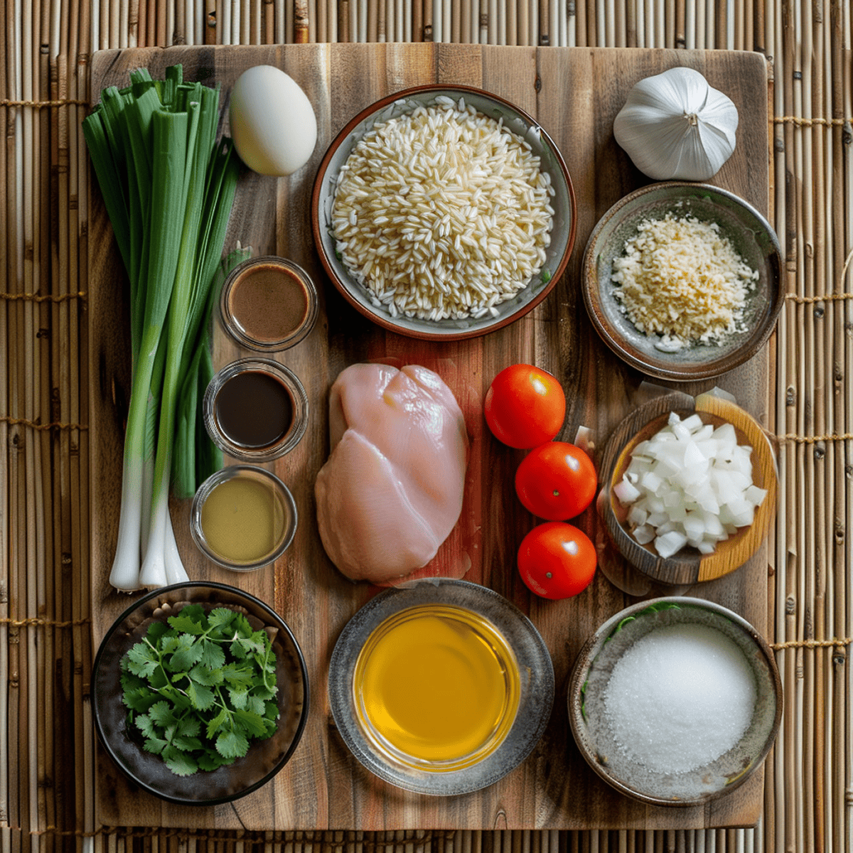 ingrediants for Thai Chicken Fried Rice (Khao Pad Gai) on a bamboo mat.