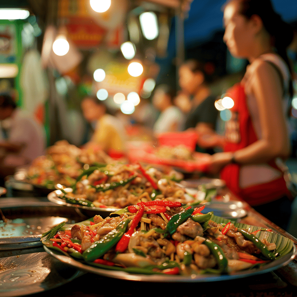 A group of people eating Thai Basil Chicken at a lively night market, surrounded by colorful stalls and twinkling lights.