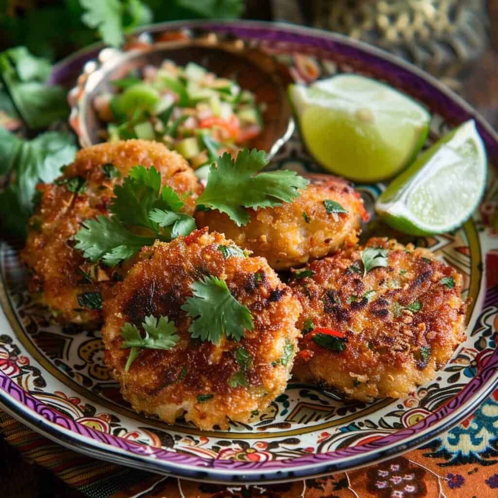 Thai Fish Cakes (Tod Mun Pla) served on a plate with lime slices