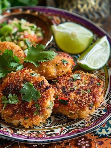 Thai Fish Cakes (Tod Mun Pla) served on a plate with lime slices
