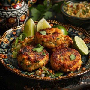 Thai Fish Cakes (Tod Mun Pla) served on a plate with lime slices