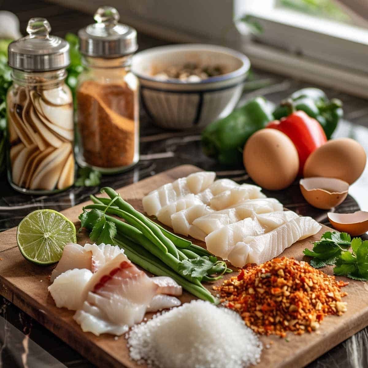 Raw ingredients for Thai Fish Cakes (Tod Mun Pla) displayed on a cutting board