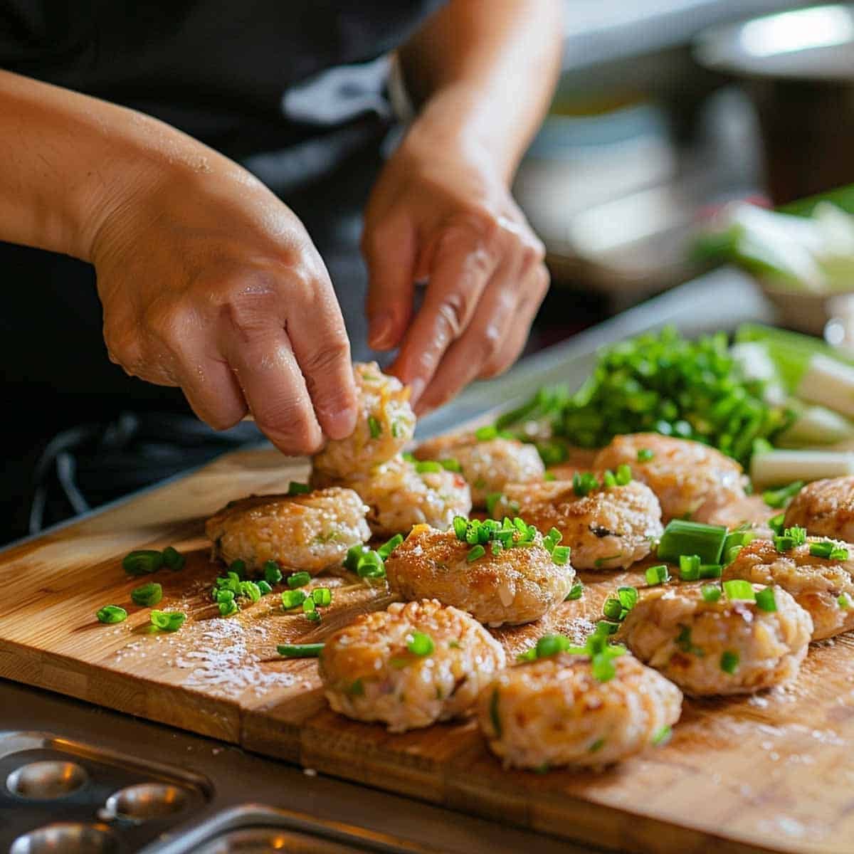 Woman shaping fish patties on a cutting board, surrounded by ingredients for Thai Fish Cakes (Tod Mun Pla)