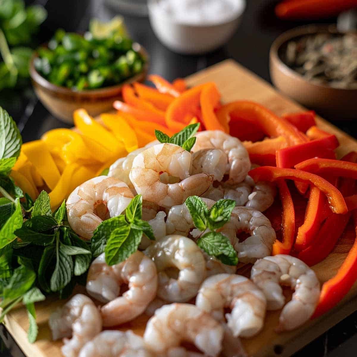 Ingredients for Yum Woon Sen: glass noodles, shrimp, bell peppers, and mint leaves, showcasing fresh Thai flavors