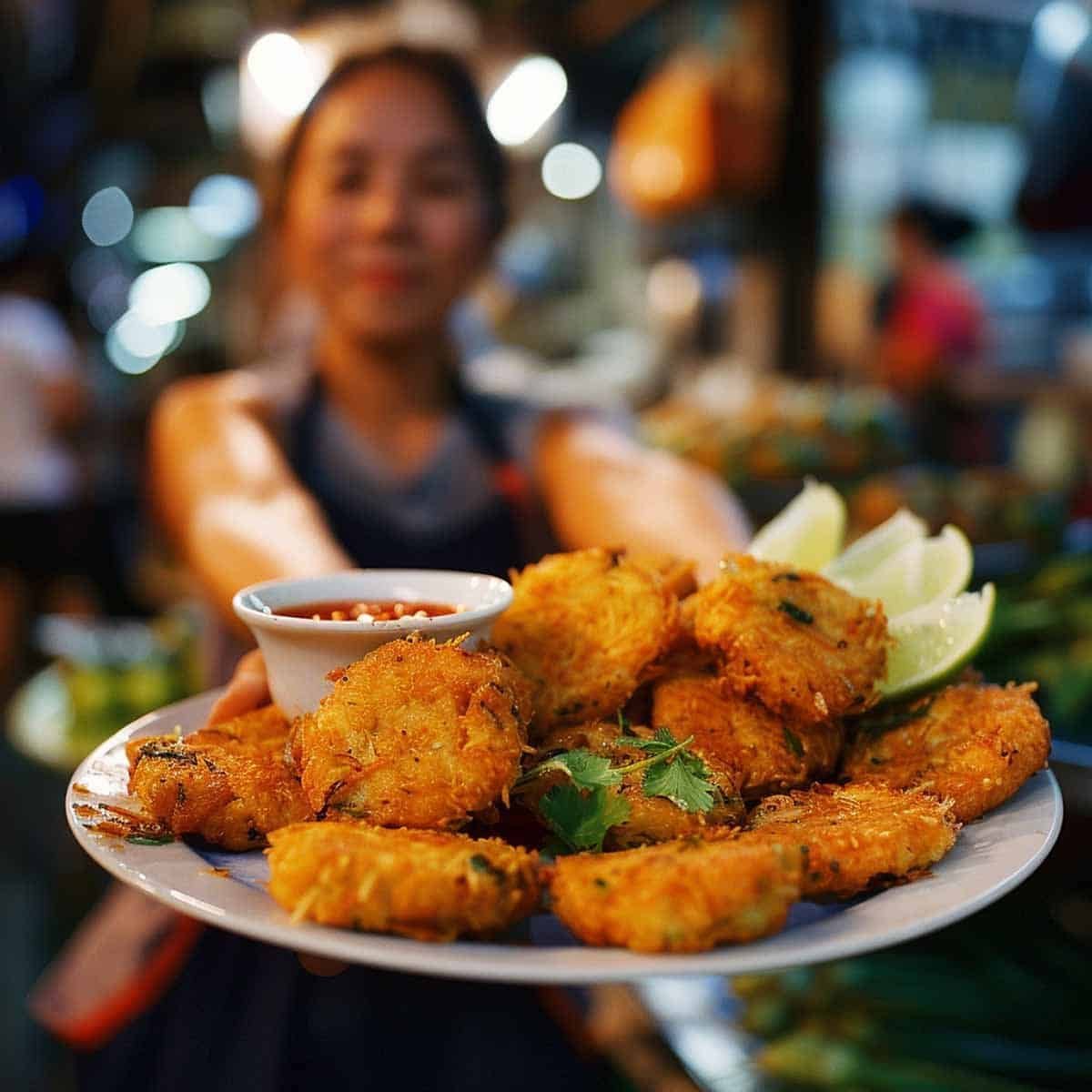 Thai woman serving Thai Shrimp Cakes at a bustling night market.