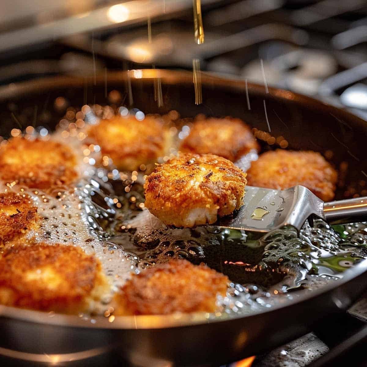 Golden brown uncooked Thai Shrimp Cakes being cooked in a pan.