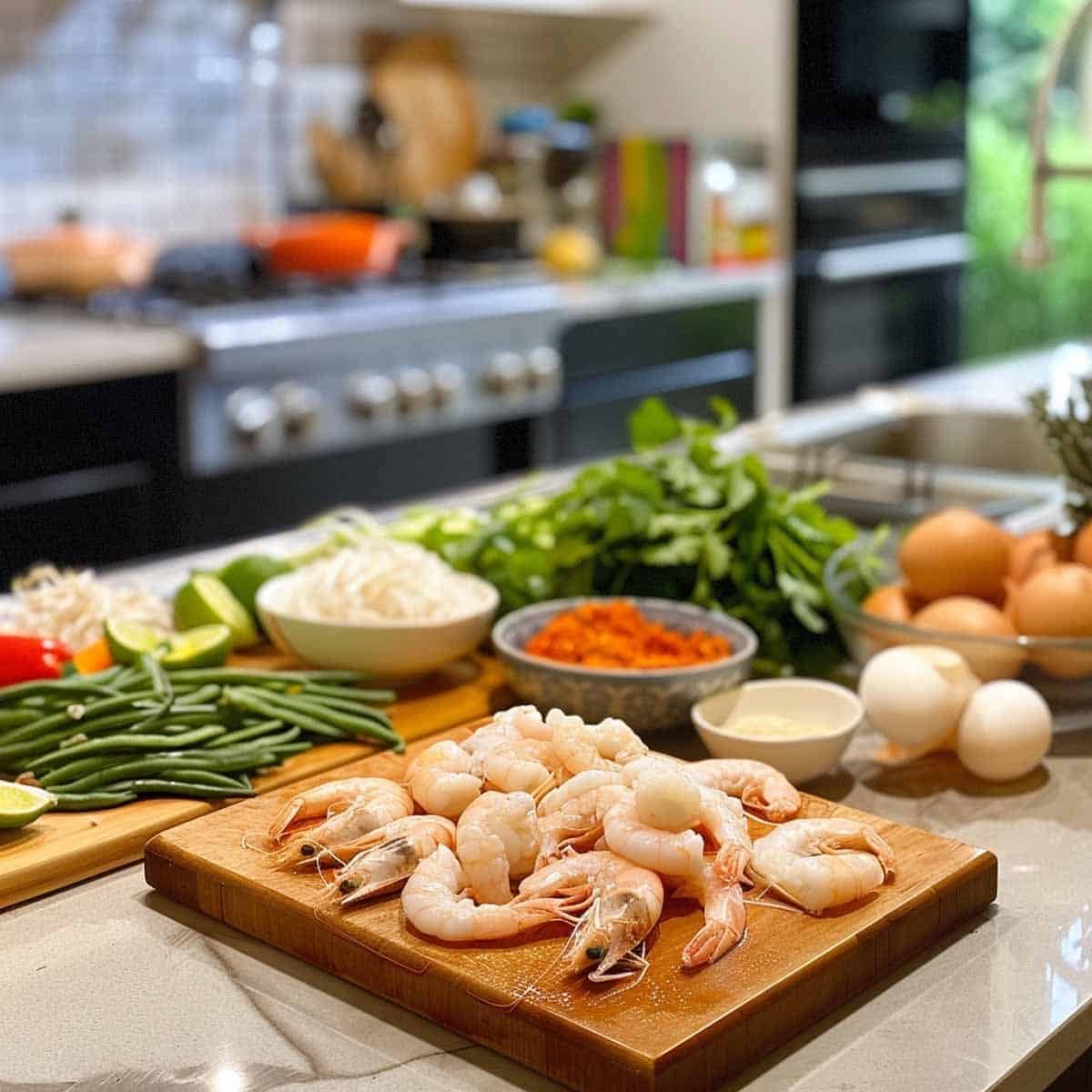Raw shrimp on a cutting board surrounded by ingredients for Thai Shrimp Cakes (Tod Mun Goong).