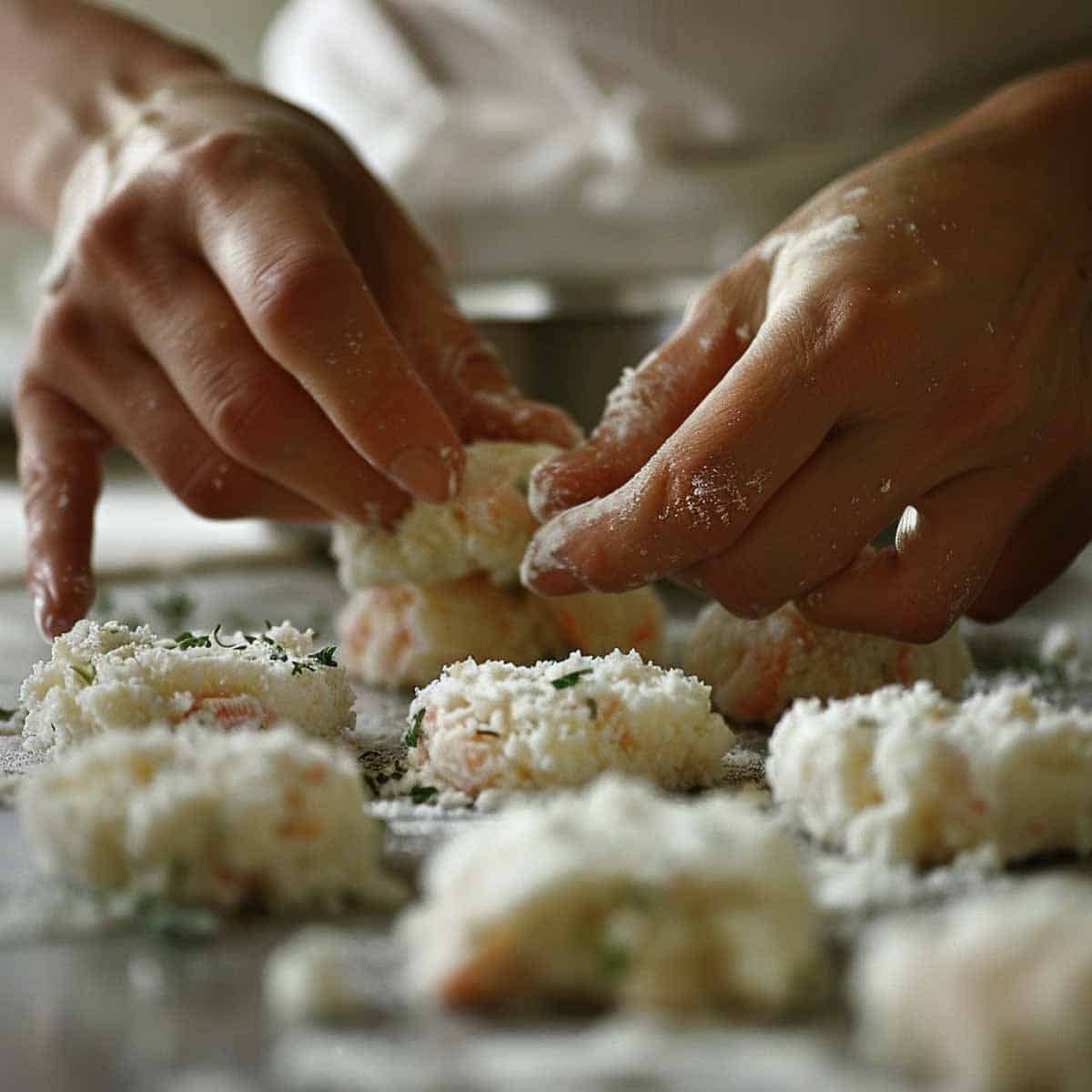 Shaping shrimp mixture into patties, coating evenly in breadcrumbs