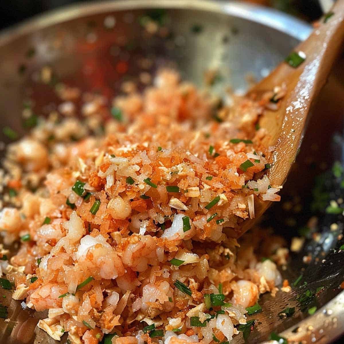 Finely chopping fresh shrimp and combining it with red curry paste, fish sauce, minced lemongrass, and cilantro for Thai Shrimp Cakes (Tod Mun Goong)