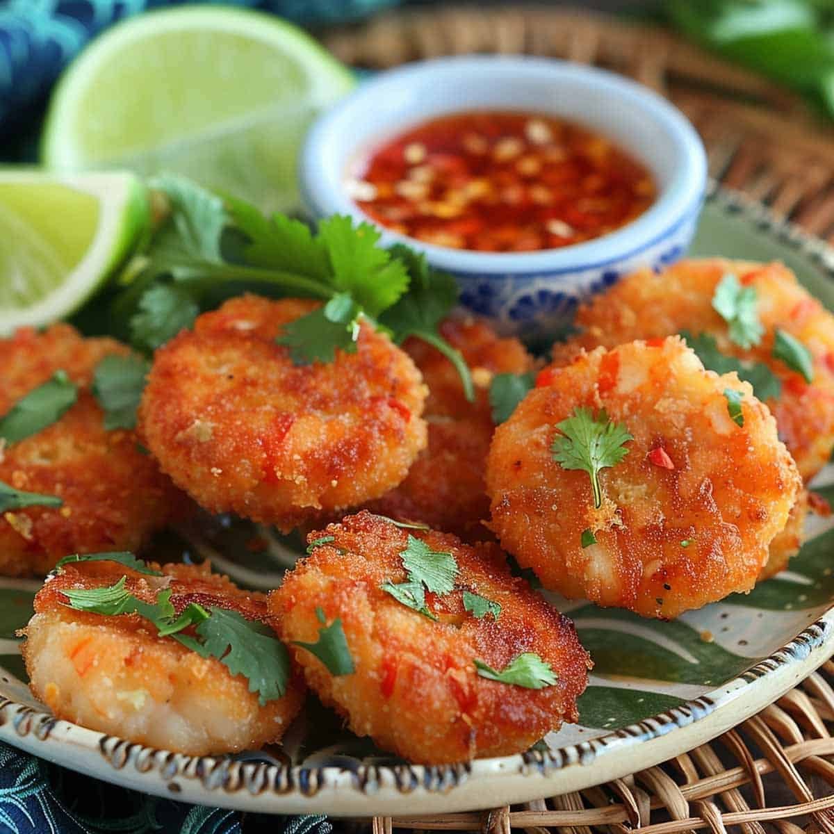 Plate of golden brown Thai Shrimp Cakes (Tod Mun Goong) served with Sweet Thai Chili Dipping Sauce.