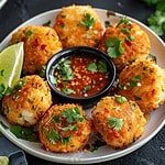 Plate of golden brown Thai Shrimp Cakes (Tod Mun Goong) served with Sweet Thai Chili Dipping Sauce.