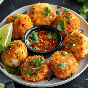 Plate of golden brown Thai Shrimp Cakes (Tod Mun Goong) served with Sweet Thai Chili Dipping Sauce.