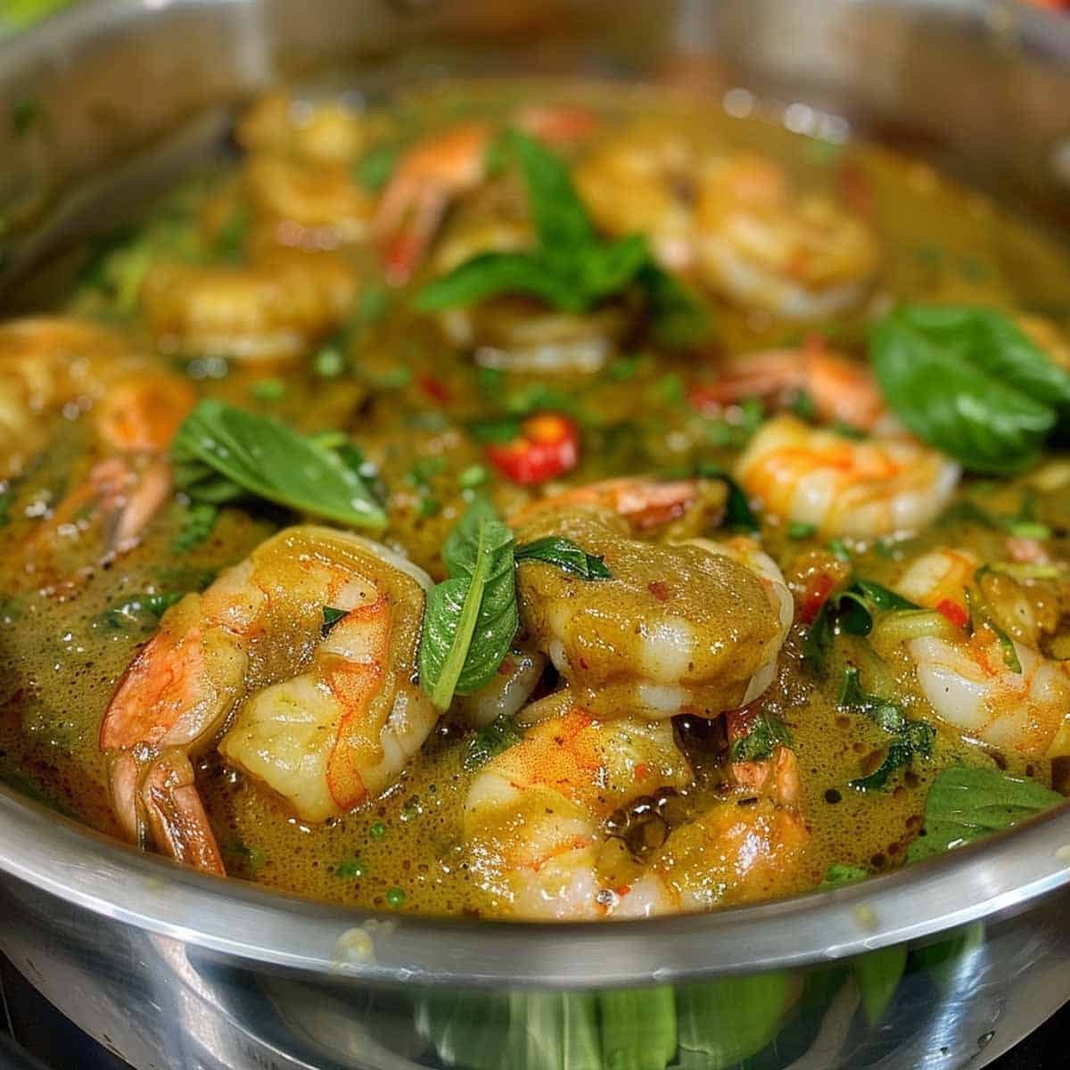 Thai Shrimp Green Curry simmering in a large pot
