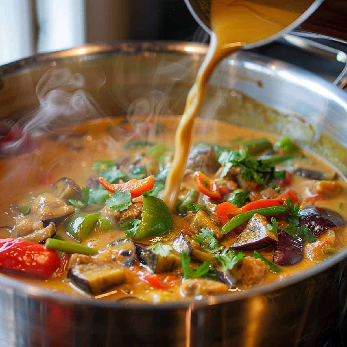 Combing  coconut milk, chicken broth, fish sauce, and brown sugar; simmer. Add bell peppers, eggplant, bamboo shoots; cook until tender