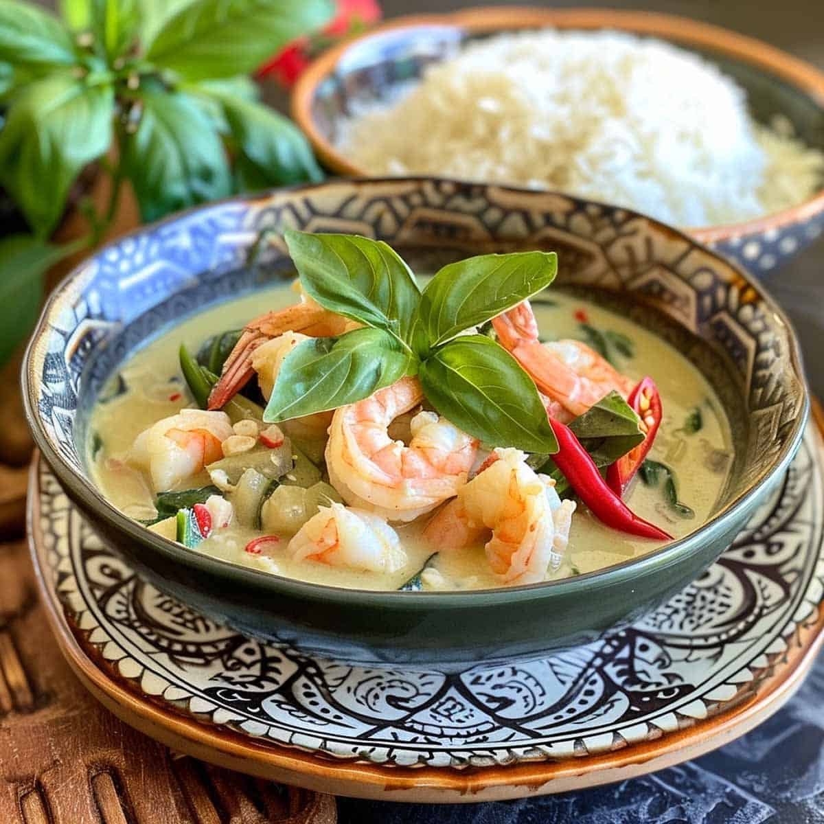 Bowl of Thai Shrimp Green Curry garnished with basil leaf, with a bowl of rice in the background.
