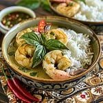 Bowl of Thai Shrimp Green Curry with rice garnished with basil leaf, with a bowl of