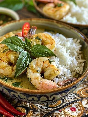 Bowl of Thai Shrimp Green Curry with rice garnished with basil leaf, with a bowl of