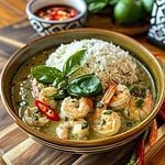 Bowl of Thai Shrimp Green Curry with rice, garnished with a basil leaf