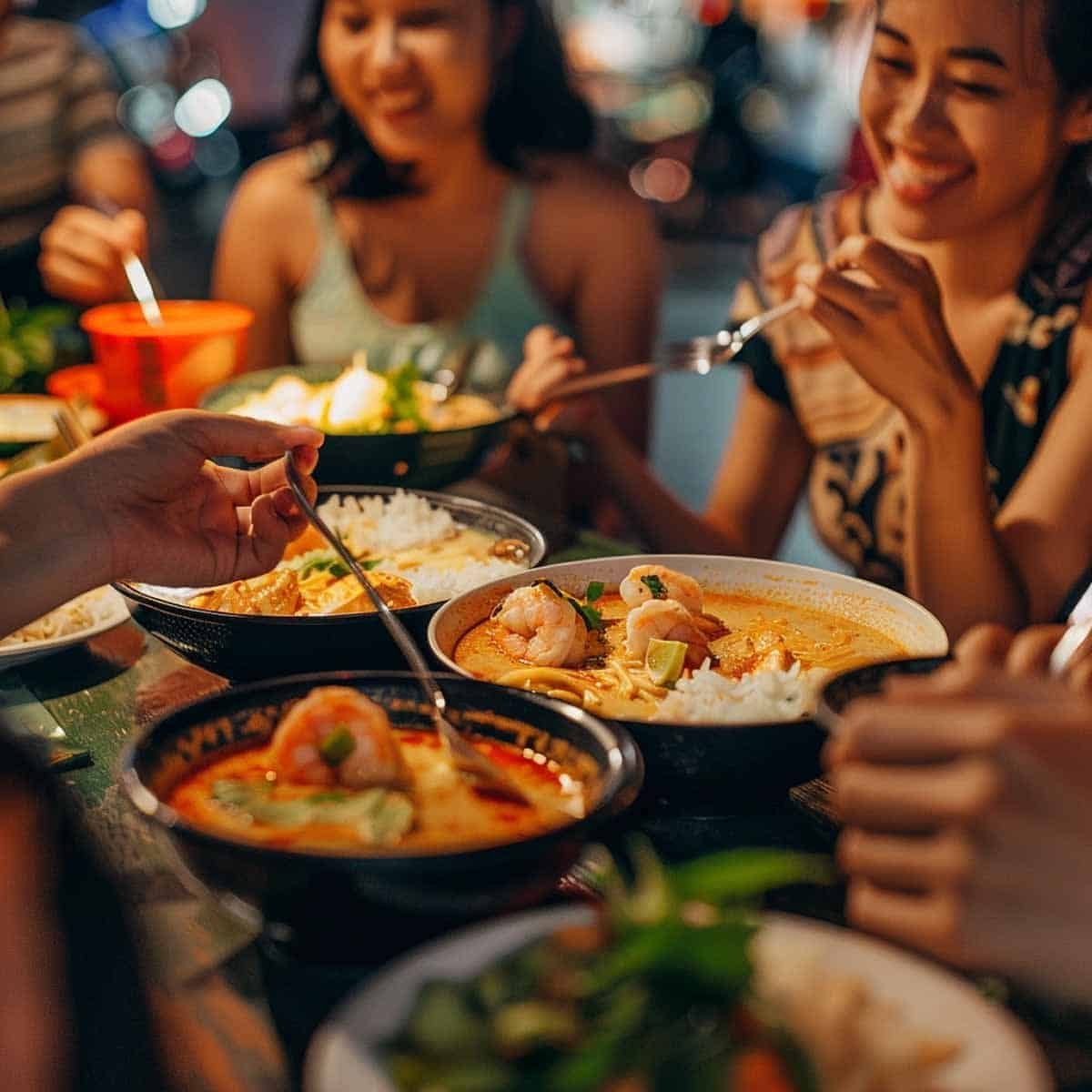 Group of friends enjoying Thai Shrimp Green Curry at a bustling Thai night market.