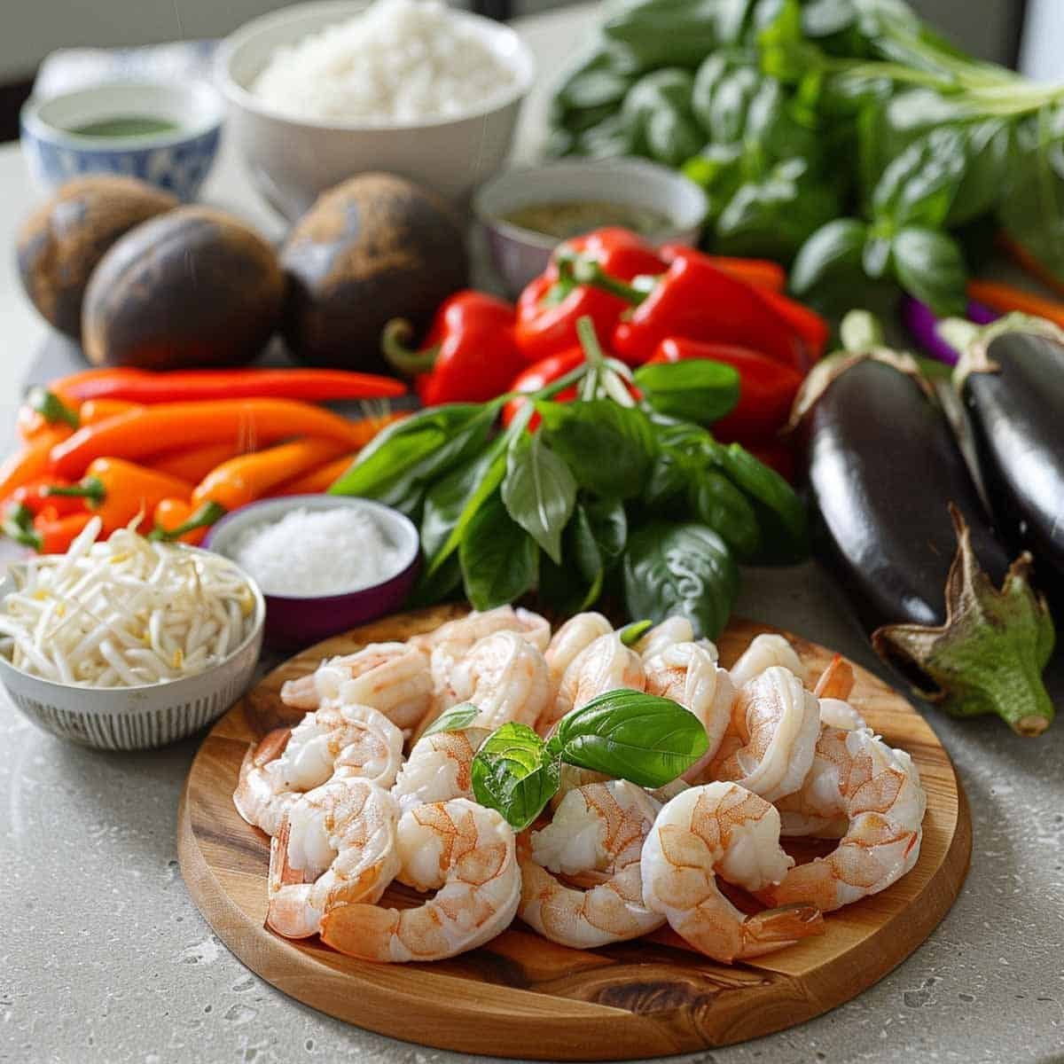 Raw shrimp on a cutting board surrounded by essential ingredients for Thai Shrimp Green Curry.