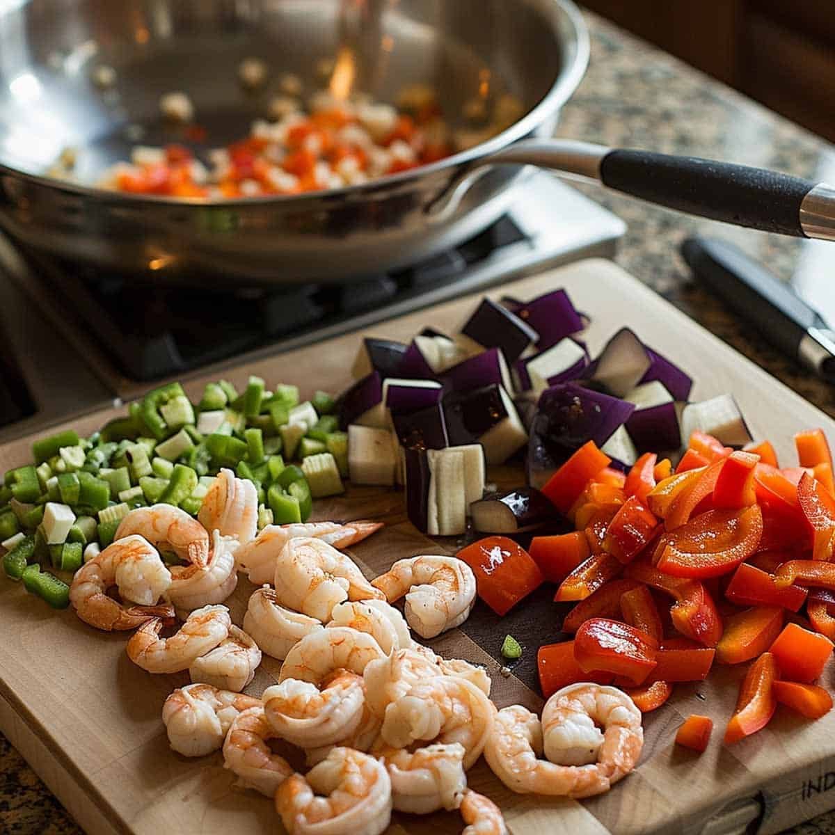 raw shrinmp on a cutting board with key ingrediants preped in back grond