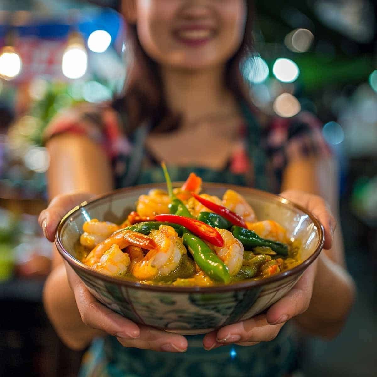 Thai woman serving a bowl of Thai Shrimp Green Curry at a bustling night market.