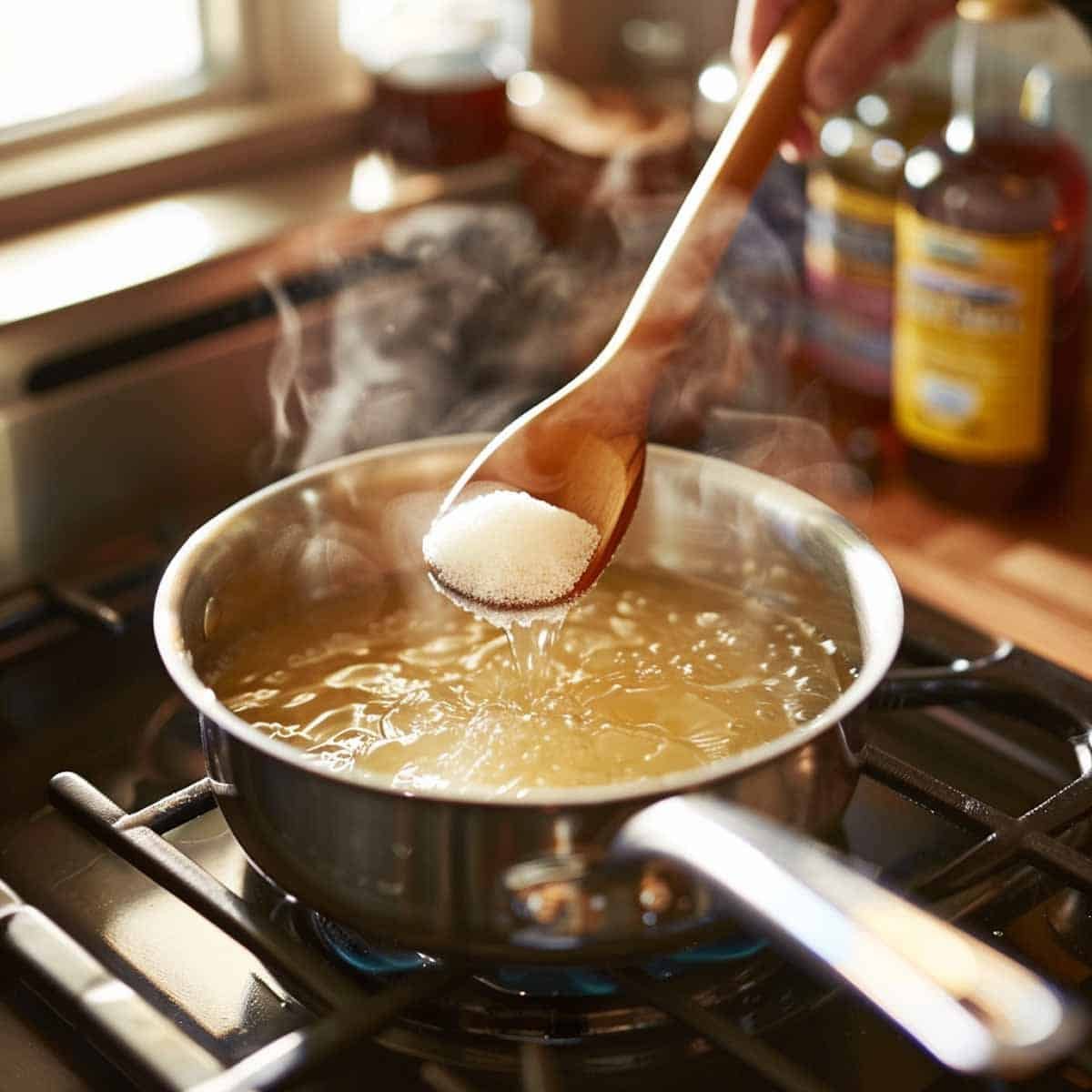 Boiling a mixture of rice vinegar, sugar, and water in a saucepan to create a sweet sauce base (Nam Jim Gai)