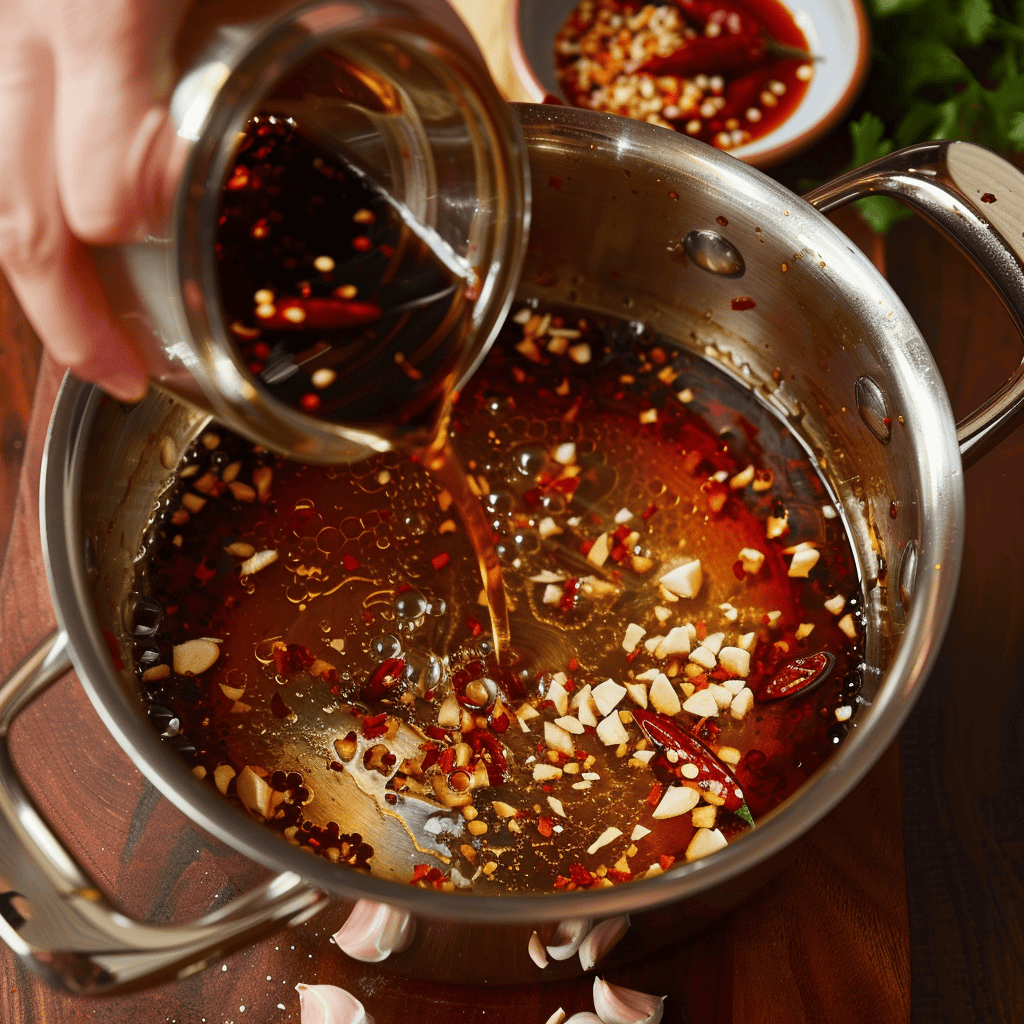 Adding fish sauce, minced garlic, and red chili flakes to the simmering sweet sauce base, infusing bold flavors