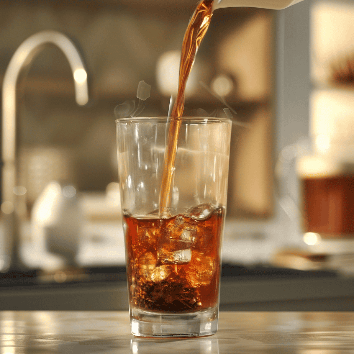 Pouring brewed tea into a glass of ice.