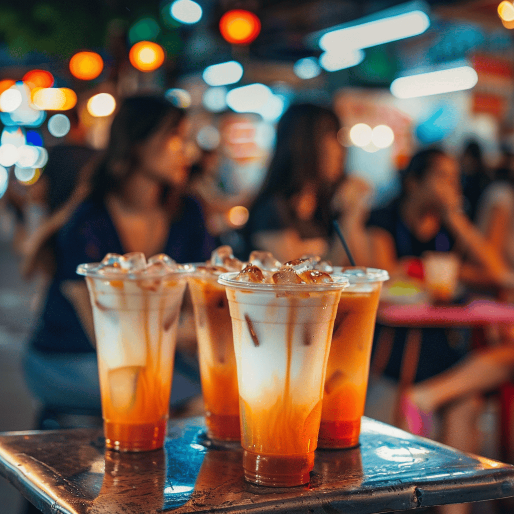 Glasses of Thai Iced Tea (Cha Yen) being served at a Thai night market