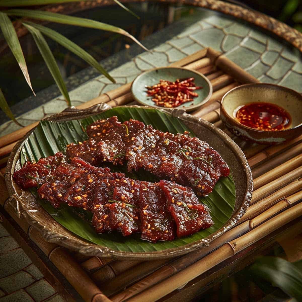 Plate of Thai Beef Jerky: Neua Sawan on bamboo board 