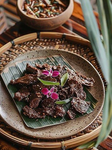 Plate of Thai Beef Jerky: Neua Sawan on bamboo mat