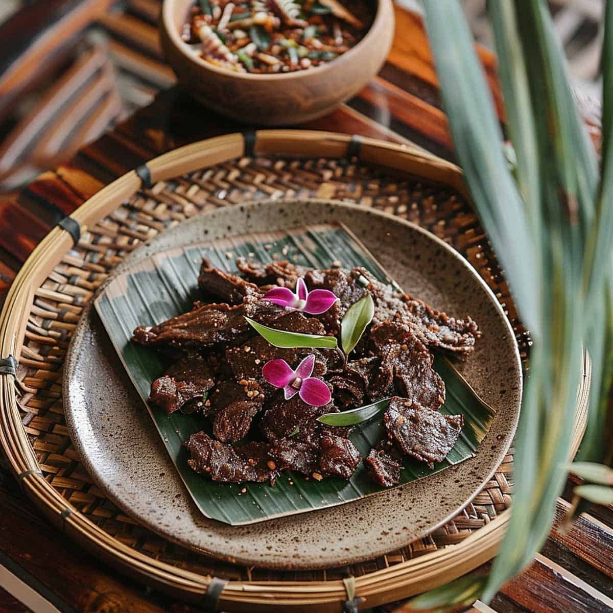 Thai Beef Jerky on a bamboo tray, garnished with a purple flower, highlighting the traditional presentation and vibrant garnish