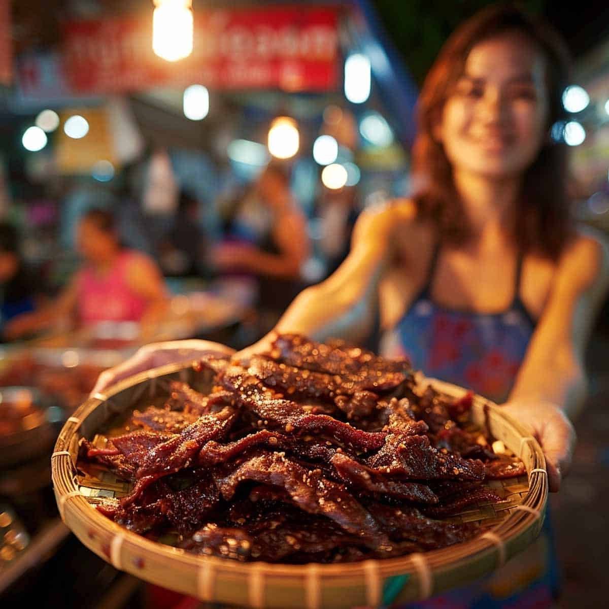 Woman at a Thai night market holding a round bamboo platter of Thai Beef Jerky, with vibrant market stalls out of focus in the background