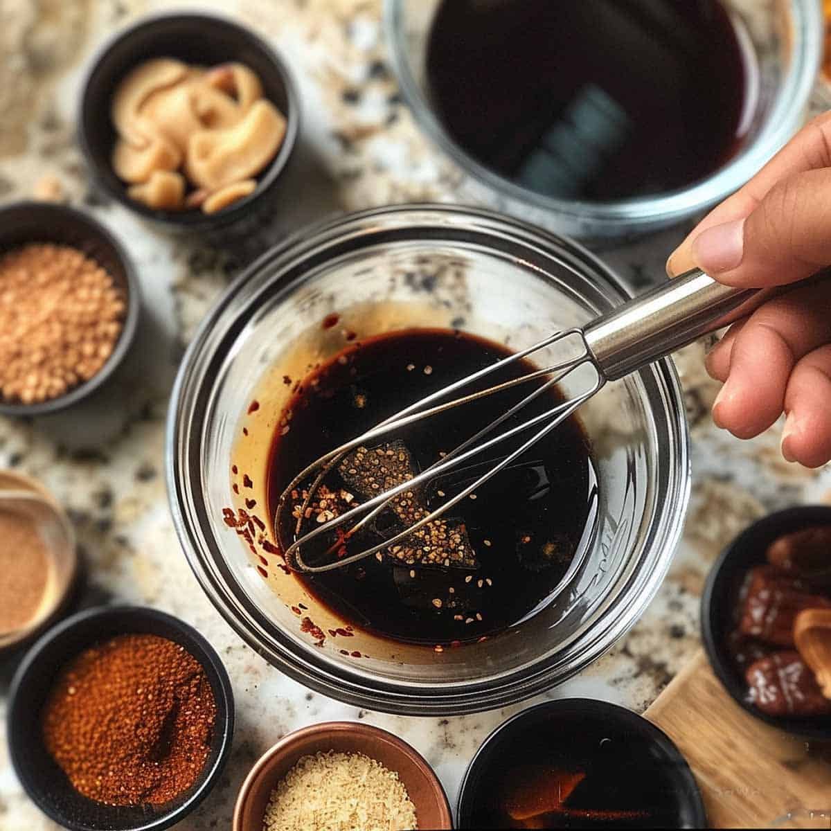 A mixing bowl with a whisk in the center, surrounded by smaller bowls filled with spices for making the marinade.