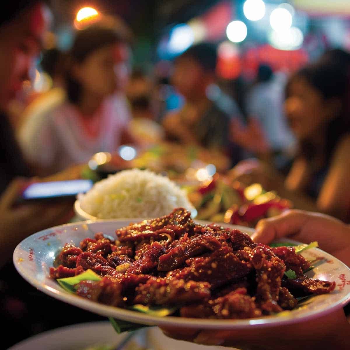 Close-up of Thai Beef Jerky (Neua Sawan) at a Thai night market, with people out of focus in the background eating