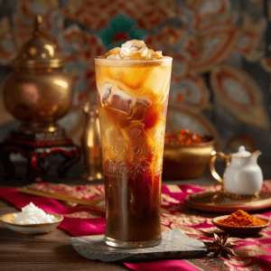 Tall glass of Young Thai girl holding a glass of Thai Iced Tea (Cha Yen).