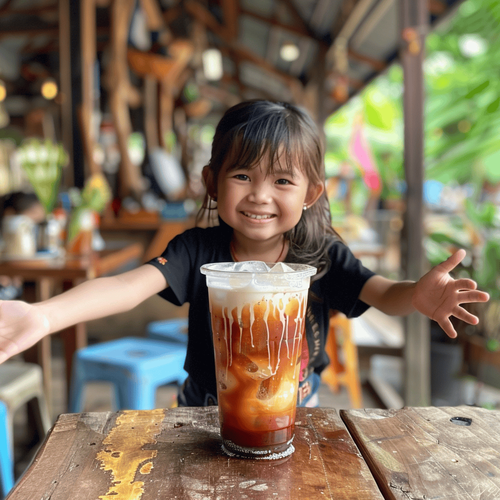 Smiling young girl holding a tall glass of orange-brown Thai Iced Tea topped with creamy milk