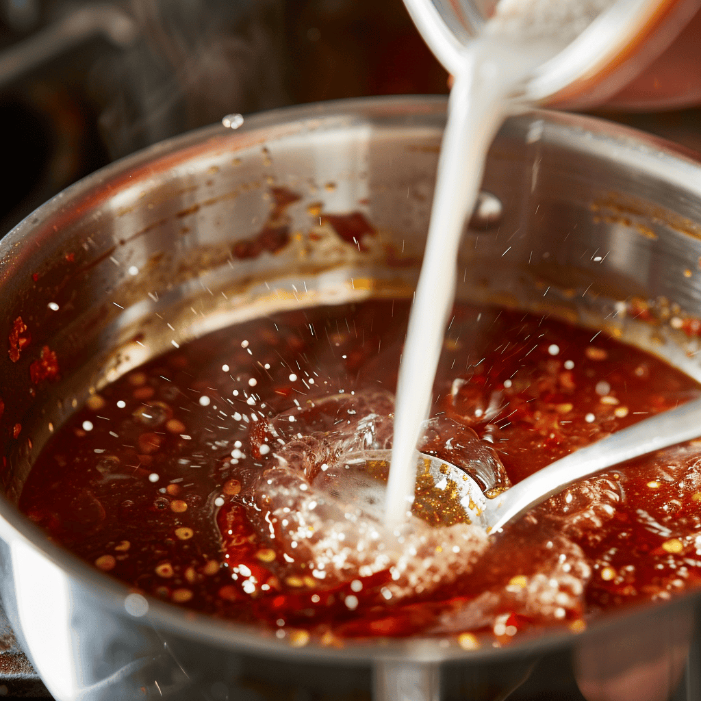 Mixing cornstarch with water and adding it to the saucepan to thicken the sauce, ensuring a smooth, glossy texture.