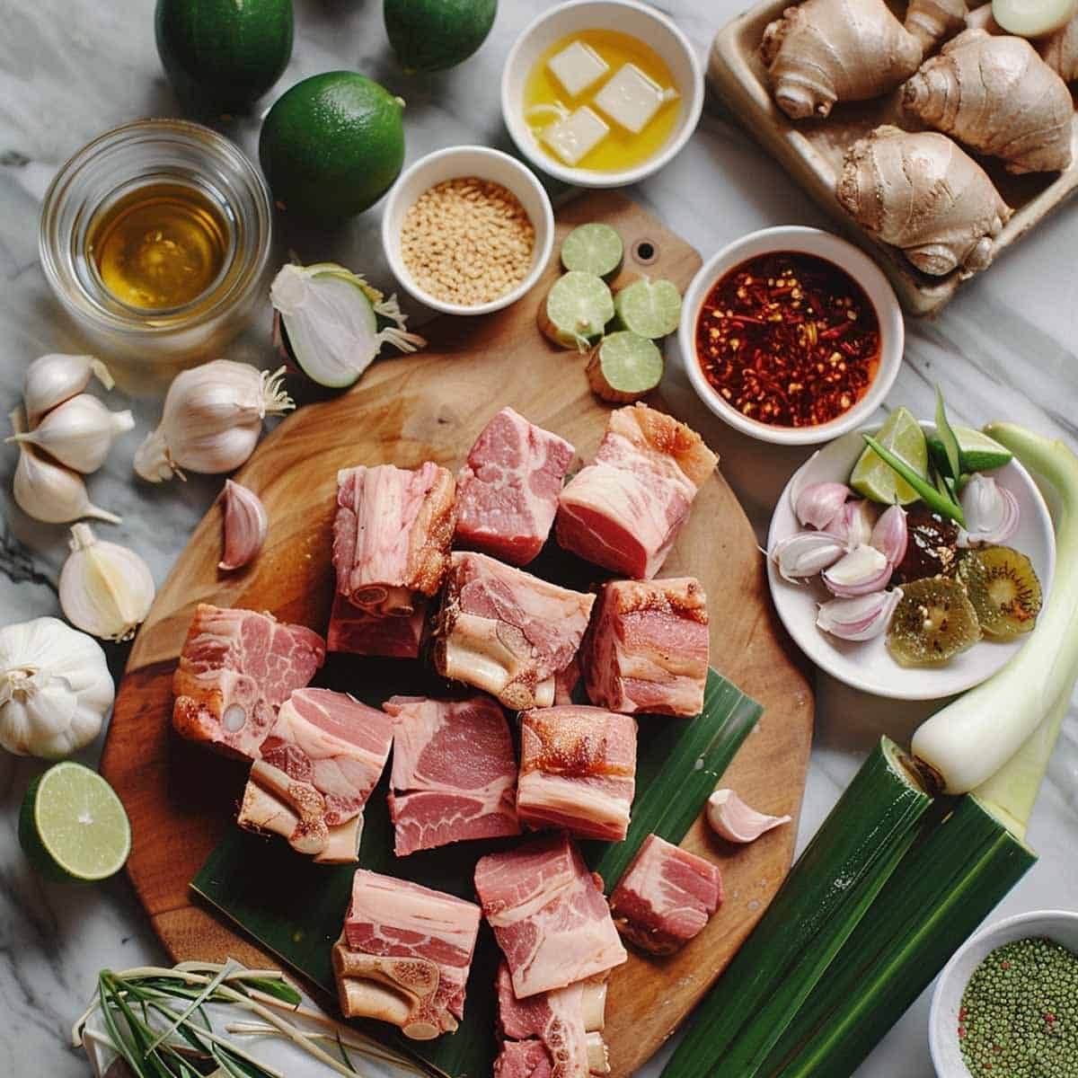 Raw ingredients for Tom Saap (Thai Pork Rib Soup) on a cutting board and white marble countertop