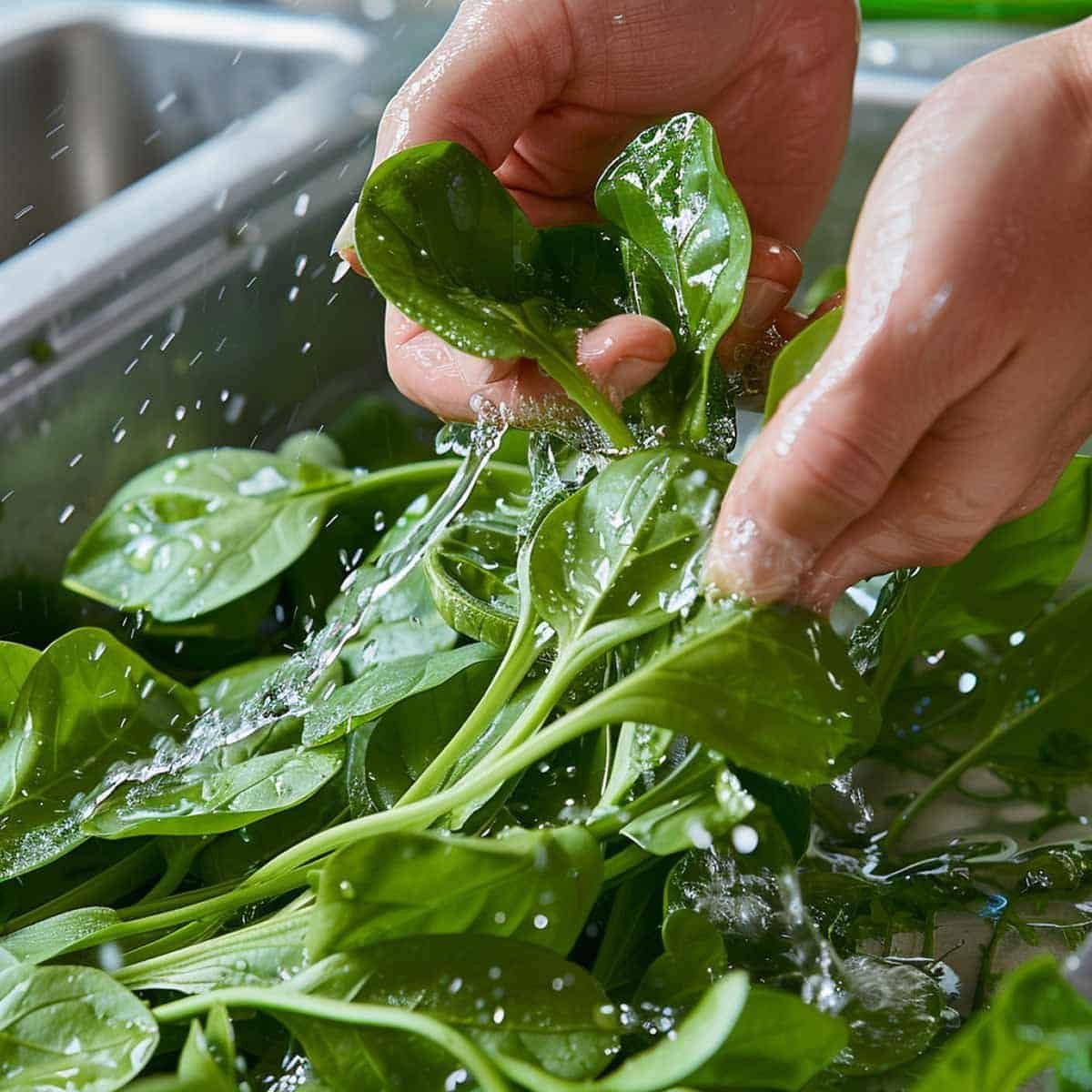 Hands washing fresh morning glory in a sink under running water, preparing for cooking