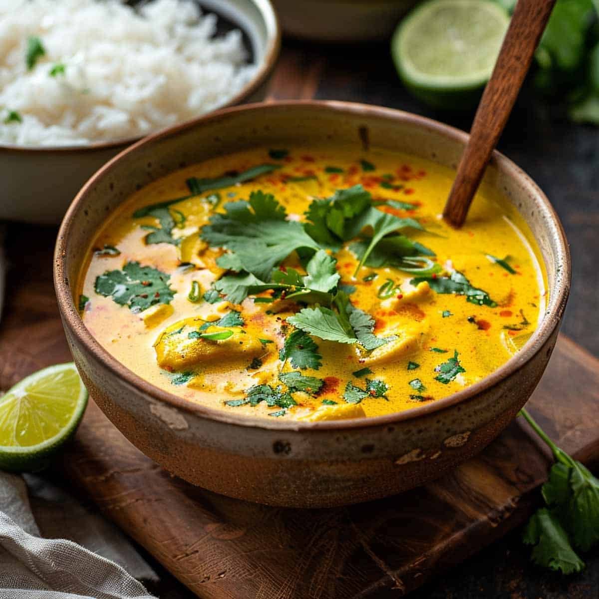 Bowl of Gaeng Garee (Yellow Curry) on a wooden table with a bowl of rice in the background