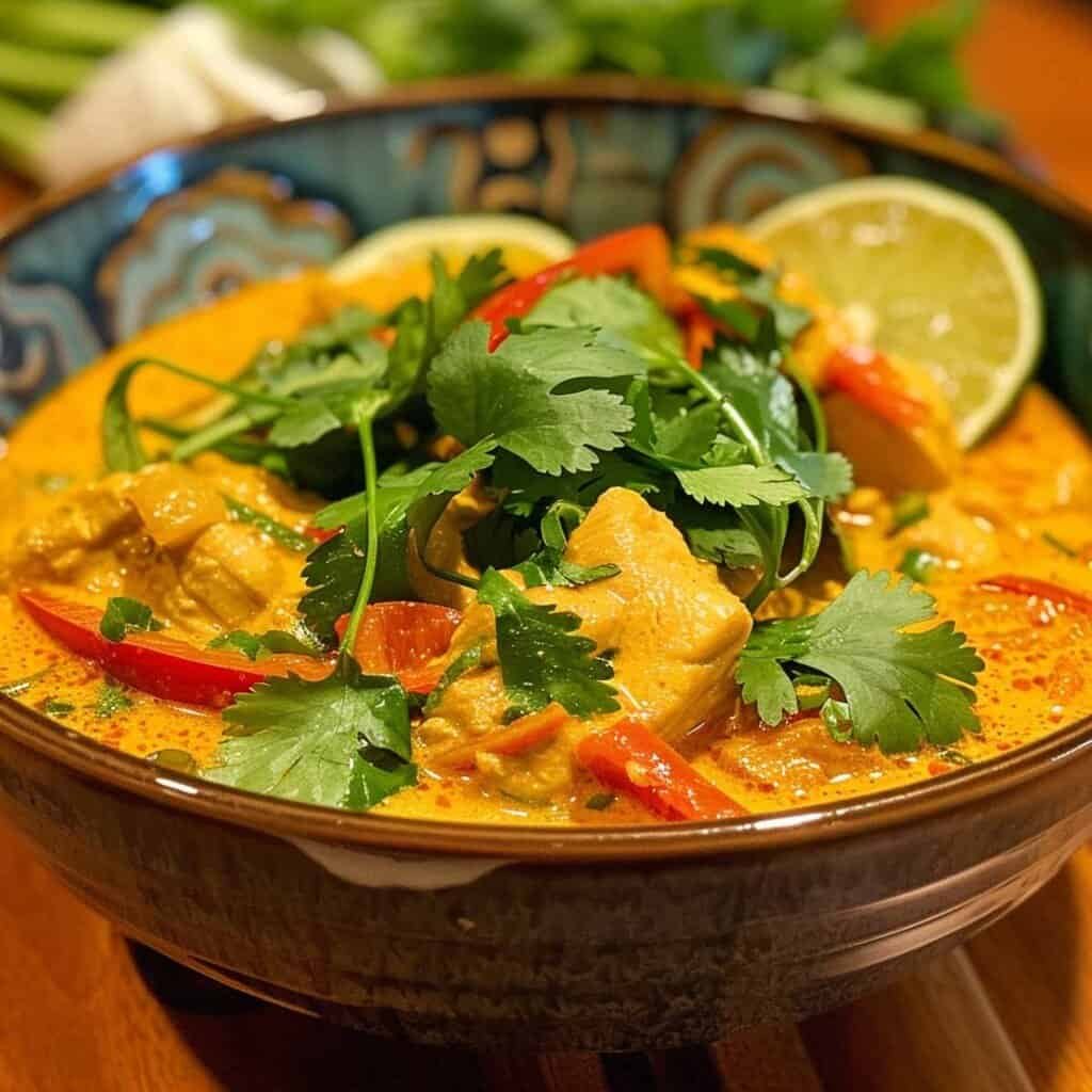 Close-up of Gaeng Garee (Yellow Curry) garnished with fresh cilantro.