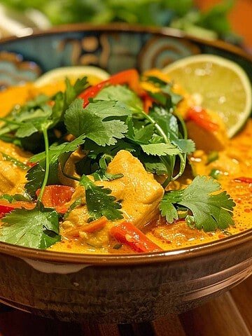 Close-up of Gaeng Garee (Yellow Curry) garnished with fresh cilantro.